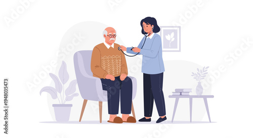 Doctor examining elderly man with stethoscope at home, healthcare concept