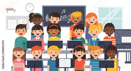 Diverse Children's Choir Singing Together in Music Classroom