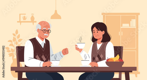 Elderly couple enjoying coffee at home, sharing a warm moment over drinks