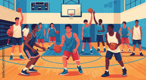 Teenage basketball players practicing on court, diverse team training, dynamic game action