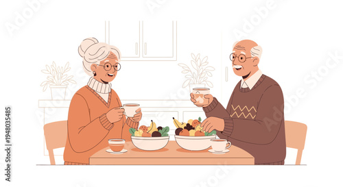 Elderly Couple Enjoying Healthy Breakfast with Fruit Salad and Tea