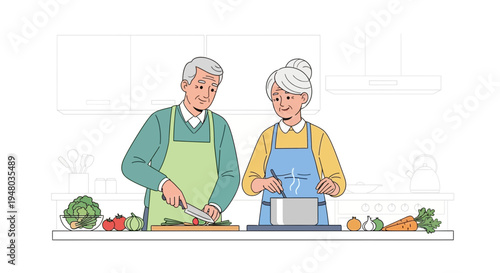 Elderly couple cooking healthy food together in a bright kitchen, senior lifestyle