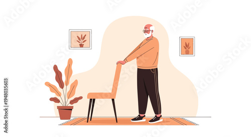 Elderly man exercising at home, using a chair for balance and support.