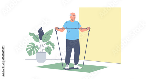 Elderly man exercising with resistance bands at home, promoting healthy senior lifestyle