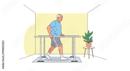 Elderly man exercising on a treadmill with handrails for rehabilitation and physical therapy