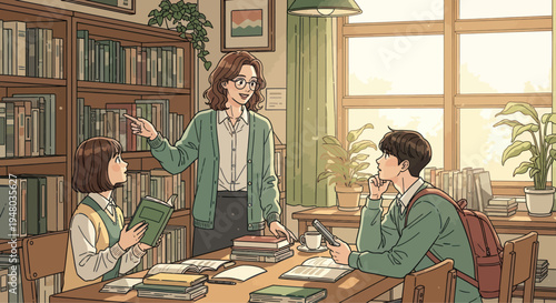 Teacher and students in library, learning, studying, reading books, vintage anime illustration