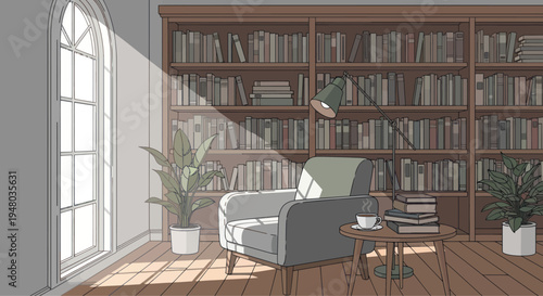 Cozy armchair in sunlit library, reading nook with books and plant, warm light rays