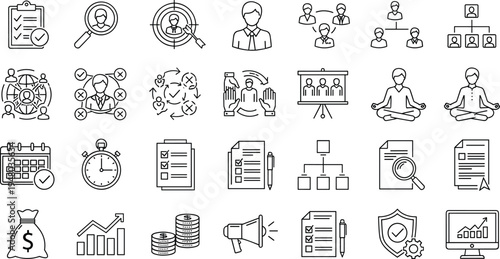 Business management outline icons set planning organization finance workflow collection illustration