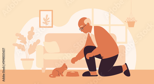 Elderly man feeding a cat at home, companionship and care concept