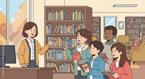 Librarian teaching children about books in a cozy library with bookshelves and autumn window view