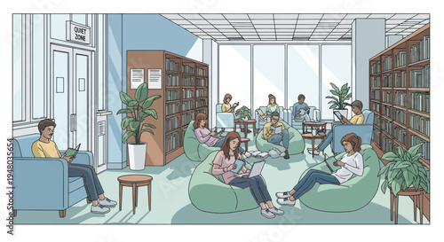 Modern Library Lounge with People Reading and Using Devices
