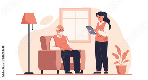 Elderly man in armchair with caregiver using tablet, home care, support, technology