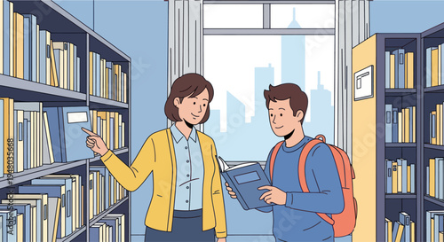 Librarian helping student choose book from shelf in library, education, knowledge concept, flat illustration