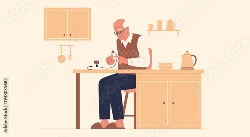 Elderly man in kitchen connecting headphones to smartphone, domestic scene