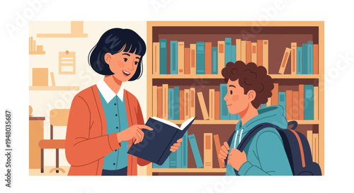 Teacher helping student with book in library, education concept