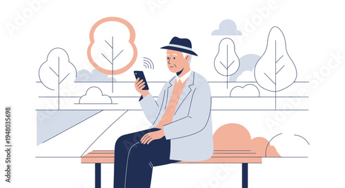 Elderly man in hat using smartphone on park bench, enjoying technology and nature