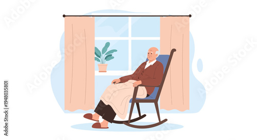 Elderly Man Relaxing in Rocking Chair by Window, Cozy Home Scene