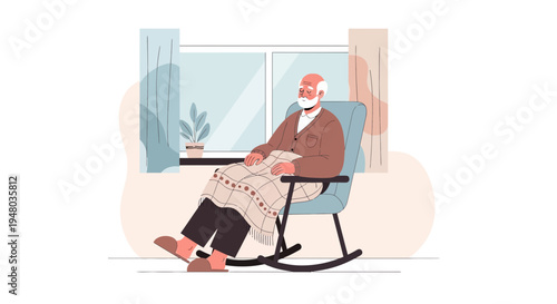 Elderly Man Relaxing in Rocking Chair with Blanket at Home