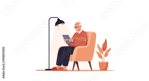Elderly man relaxing in armchair with tablet and floor lamp, enjoying technology at home