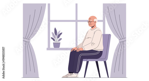Elderly Man Sitting by Window, Looking Out, Contemplative Mood, Home Interior