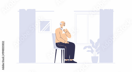 Elderly Man Sitting Indoors Drinking Coffee, Feeling Alone