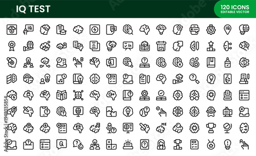 IQ Test icon set. IQ Test Modern Line Icon Set offers professional minimal vector icons for analytical thinking, logic, and problem-solving activities.
