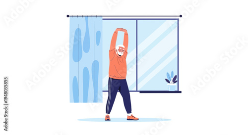 Elderly Man Stretching Arms Overhead Indoors, Healthy Lifestyle, Morning Exercise