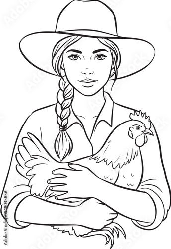 Line art of a young female farmer in a sun hat holding a chicken on a farm.
