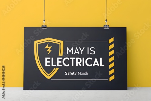 Prominently displayed safety awareness poster declares may as electrical safety month featuring a shield graphic and bright yellow accents against a dark background promoting awareness.