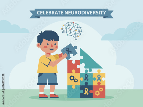 Joyful child constructs a vibrant puzzle, celebrating neurodiversity and fostering acceptance, symbolizing a community built on understanding and unique cognitive strengths