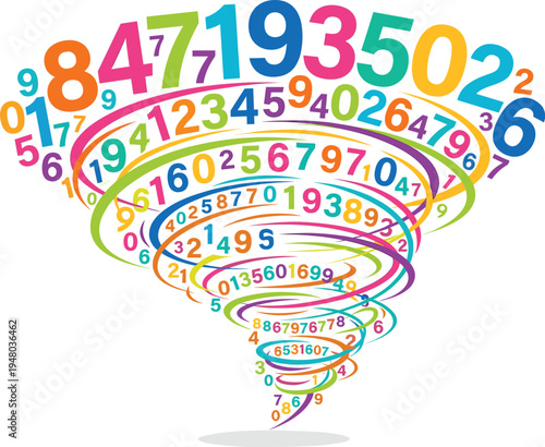 Colorful numbers swirling in spiral tornado shape representing mathematics data analytics statistics education calculation concept dynamic numeric typography isolated background
