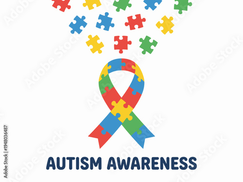 Vibrant ribbon composed of colorful puzzle pieces, representing the journey of understanding and supporting neurodiversity within the global community, promoting acceptance