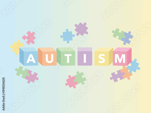 Autism Awareness Colorful Blocks Spelling 'Autism' Surrounded by Interlocking Puzzle Pieces on a Soft Gradient Background Symbolizing Neurodiversity and Inclusion