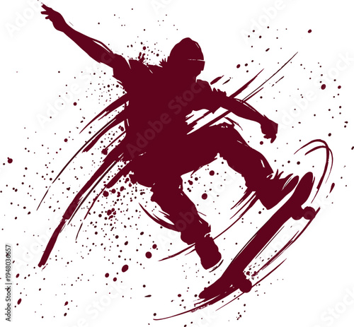 Dynamic skateboarder silhouette performing jump trick with paint splatter effect representing extreme sports action urban street culture energy isolated background
