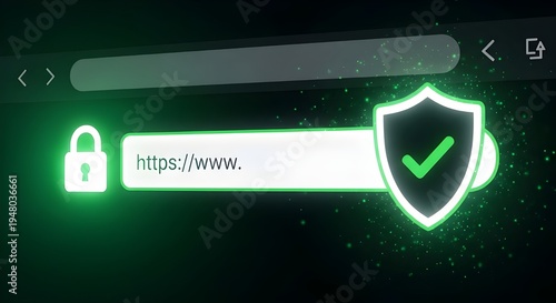 A glowing green web browser address bar displaying HTTPS and security icons.