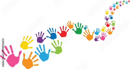 Colorful handprints forming creative curved trail symbolizing diversity unity childhood creativity community inclusion paint art concept isolated on light background education teamwork