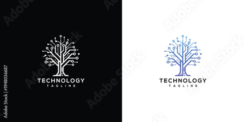 Technology Tree Logo Design - Digital Circuit Network Symbol for Innovation and Growth.