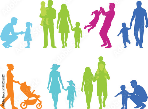 Family silhouettes collection parents with children walking playing carrying baby stroller parenting lifestyle colorful vector illustration isolated on light background