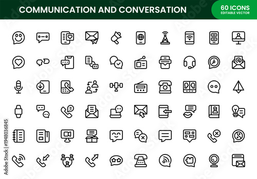 Communication and Conversation icon set. Communication and Conversation Professional Line Icon Pack offers modern clean and professional vector illustrations for messaging, speech, and conversation.