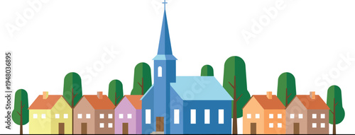 Colorful village houses with church building and trees flat vector illustration small town neighborhood landscape architecture community scene isolated on light background