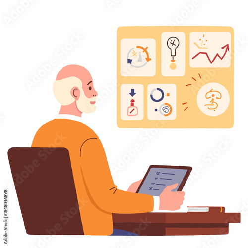 Elderly man using tablet and analyzing business graphics at home. Elderly set