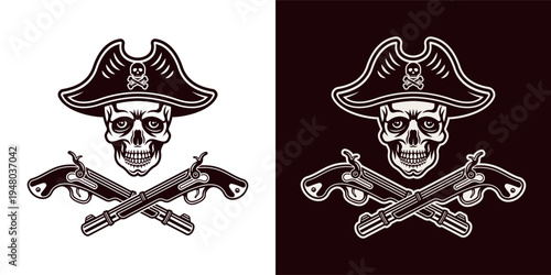 Vintage pirate skull wearing captain hat with two crossed pistols in monochrome engraving style. Retro nautical emblem perfect for pirate themes, tattoos, labels and adventure designs