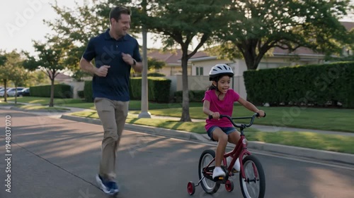 Wallpaper Mural A dedicated father runs alongside his young daughter, supporting her as she learns to ride a bicycle on a paved path in the park. Torontodigital.ca