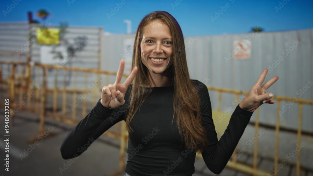 Fototapeta premium Woman shows two finger peace sign with both hands in front of construction site metal barrier while smiling broadly at camera; peace joy.