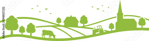 Green rural landscape silhouette with farmhouse, church, tractor and grazing cow on rolling hills, eco village farming concept vector illustration background design