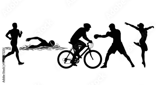Active Sports Silhouettes Running Swimming Cycling Boxing and Dancing EPS10 Stock.eps