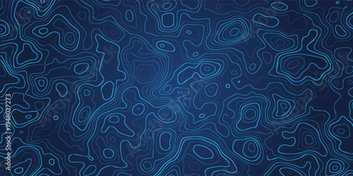 Abstract blue topographic contour lines pattern, dark blue background, glowing cyan lines, modern digital map style.