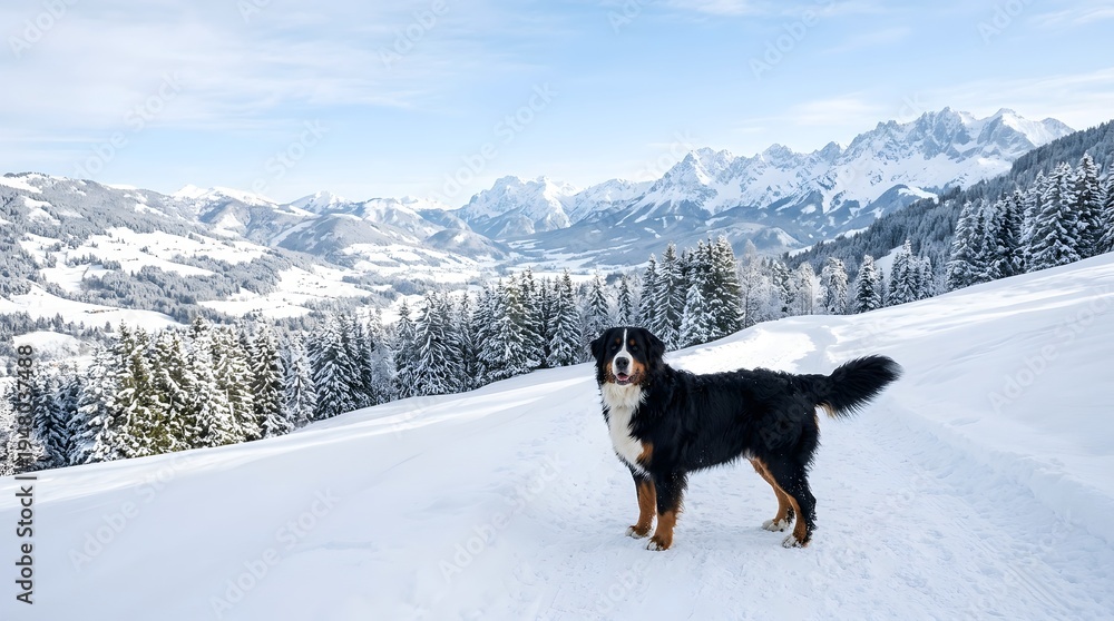 Naklejka premium Happy Bernese Mountain Dog in Snowy Mountain Scenery