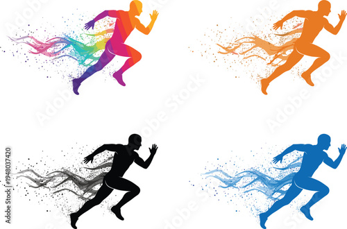 Running athlete silhouette set with colorful speed trails dynamic sprint sport action vector illustration isolated on white background fitness motion concept
