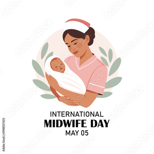 Vector illustration of a midwife holding a baby in her arms. International Midwife Day.